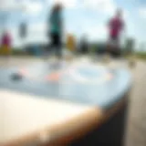 A close-up of a skateboard with a peace sign logo on the deck, symbolizing unity in skate culture.