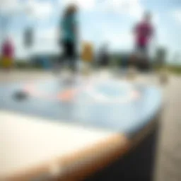 A close-up of a skateboard with a peace sign logo on the deck, symbolizing unity in skate culture.