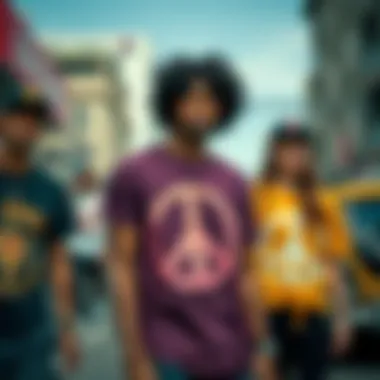 Street Style: Embracing the Peace Symbol A vibrant street scene showcasing individuals wearing peace sign logo shirts, embodying the spirit of skate culture.