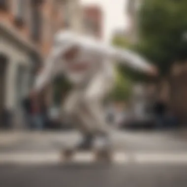 A skateboarder wearing the white Vans sweatshirt while performing a trick in an urban setting.