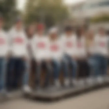 A group of skateboarders gathered in a skate park, all wearing various styles of Vans apparel including the white sweatshirt.