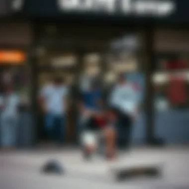 Group of skateboarders practicing tricks outside a skate shop