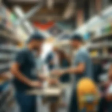 Skate shop staff assisting customers with skateboards and gear