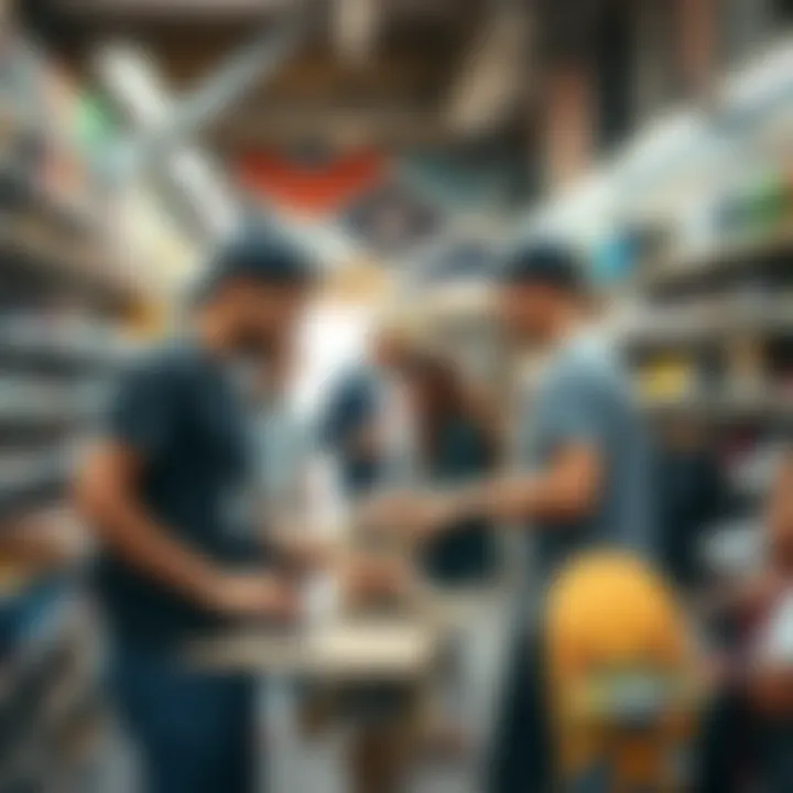 Skate shop staff assisting customers with skateboards and gear