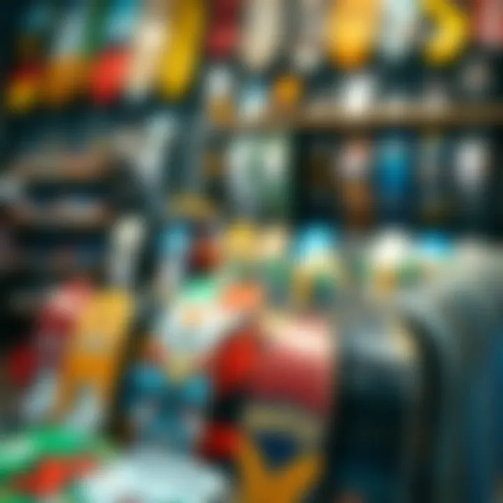 Display of skateboard decks with unique designs in a shop