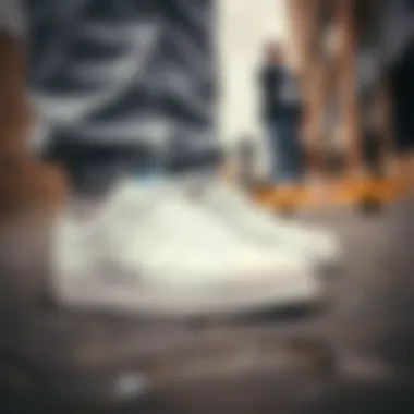 Contemporary street style featuring all-white Adidas Superstar shoes