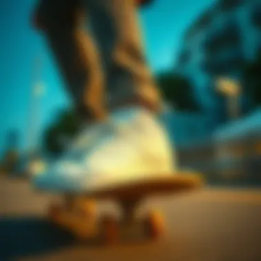 Skateboarder wearing all-white Adidas Superstar shoes in action