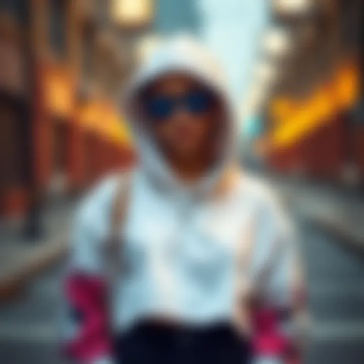 Fashionable streetwear ensemble featuring a white crop top hoodie