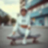 Stylish white crop top hoodie on a skateboard in an urban setting