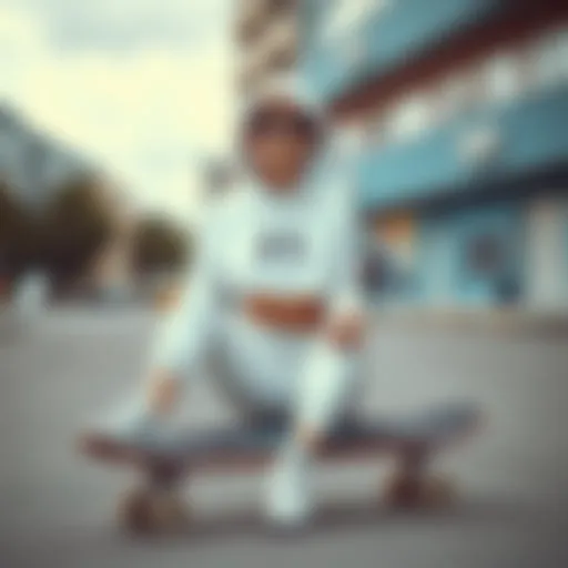 Stylish white crop top hoodie on a skateboard in an urban setting