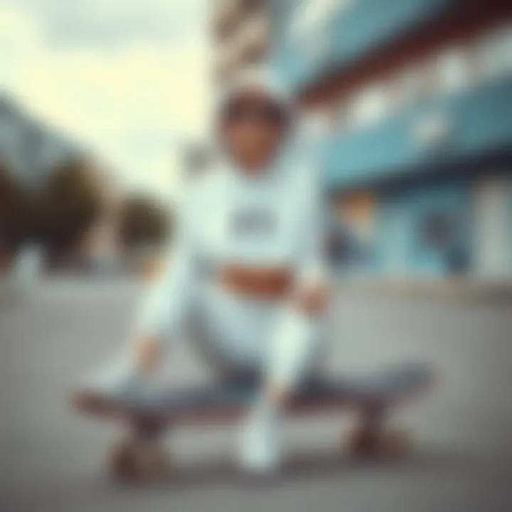 Stylish white crop top hoodie on a skateboard in an urban setting