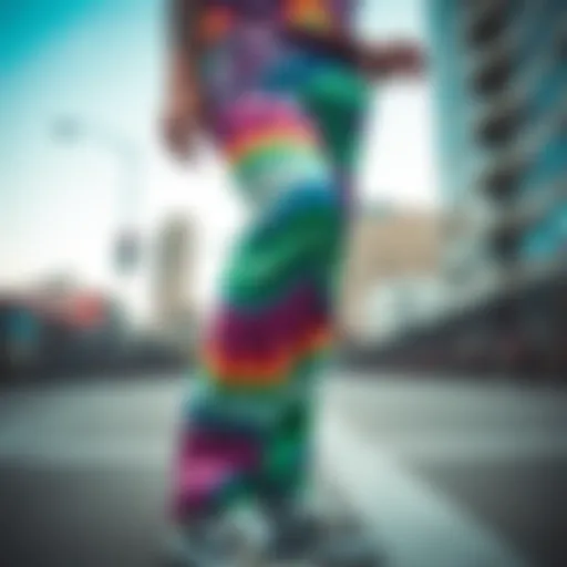 Vibrant tie-dye jeans showcased in an urban setting