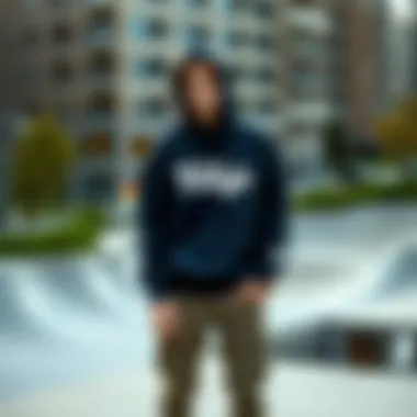 Stylish individual wearing Tilly's black hoodie in an urban skate park