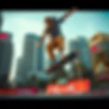 Dynamic skateboard trick performance in a vibrant urban setting