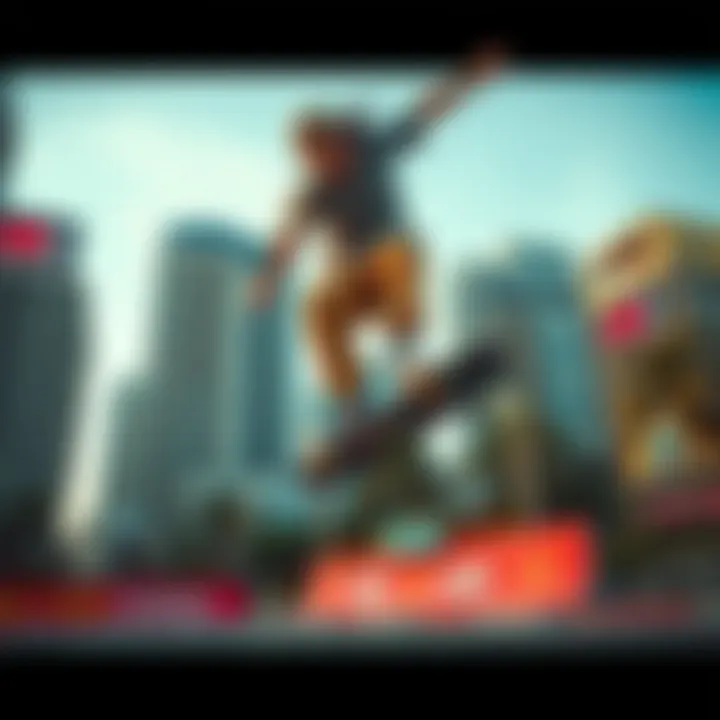 Thrilling Skateboard Tricks in Action Dynamic skateboard trick performance in a vibrant urban setting