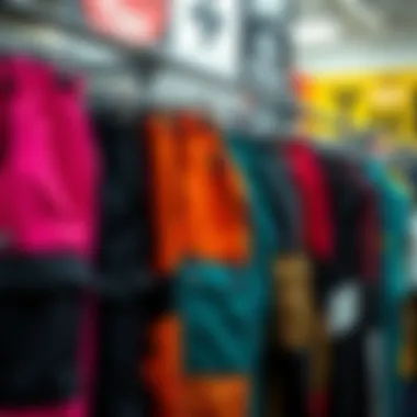 A vibrant display of different Tripp pant styles on a retail rack