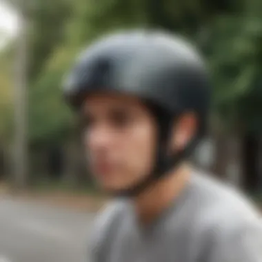 A skateboarder demonstrating proper helmet fit and adjustment techniques