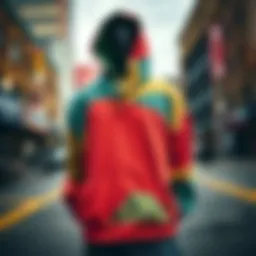 A vibrant crew neck hoodie displayed against an urban backdrop