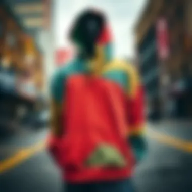 A vibrant crew neck hoodie displayed against an urban backdrop