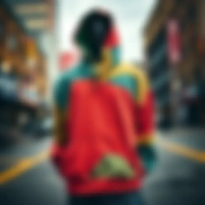 A vibrant crew neck hoodie displayed against an urban backdrop