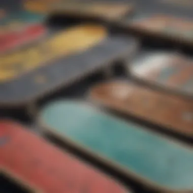 A close-up of various skateboard decks displaying different sizes and shapes