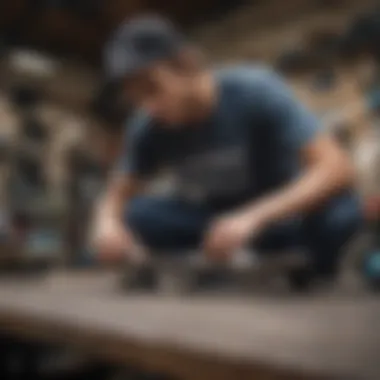 Skateboarder performing maintenance on bearings in a workshop setting