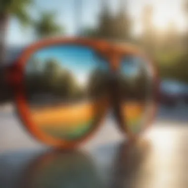 Close-up of polarized lenses reflecting vibrant colors of a skateboarding environment.