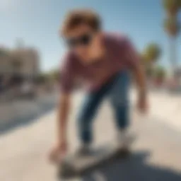 A skateboarder showcasing polarized sunglasses while performing tricks in a skate park.