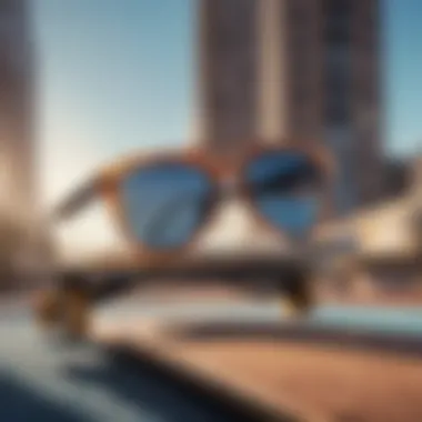 Stylish skateboard setup featuring a pair of trendy polarized sunglasses on the deck.