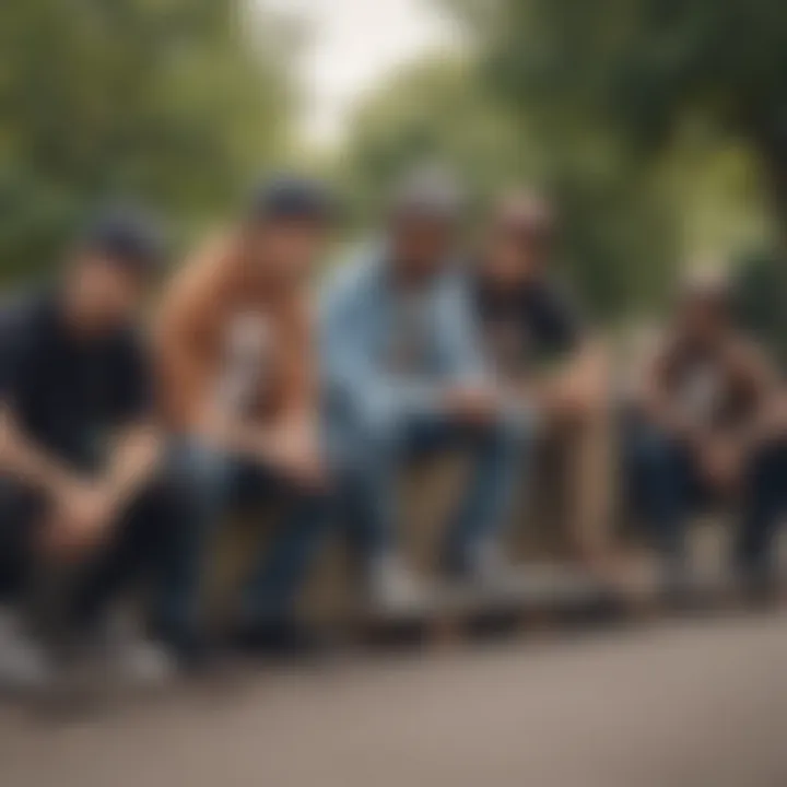 A group of skateboarders in a park, all wearing Brixton snap backs, symbolizing community and style.