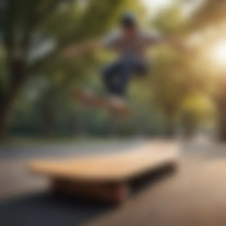 A skateboarder demonstrating riding techniques on a drop board in a park setting.