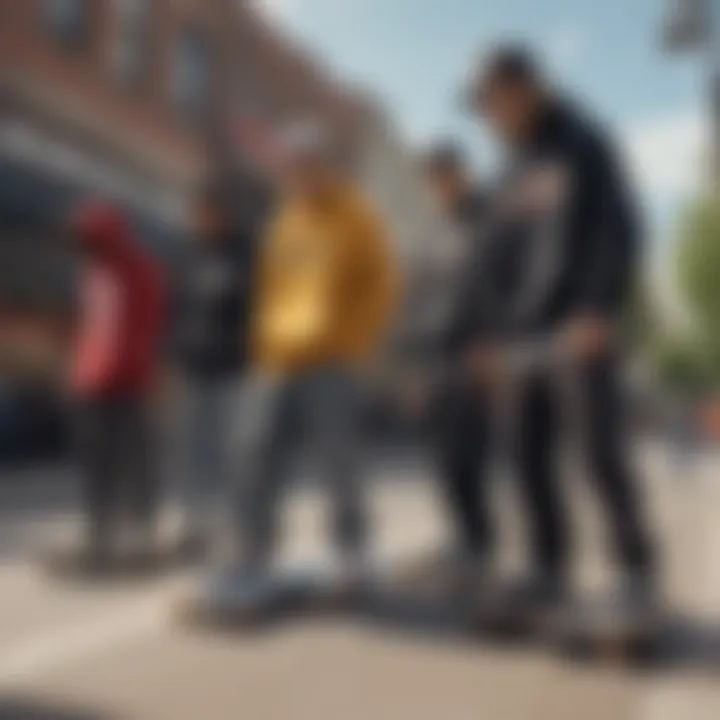 A street scene depicting the evolution of urban clothing styles among skateboarders.