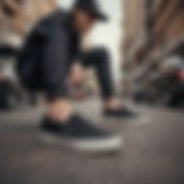 An urban setting with skateboarders wearing black slip-on Vans, emphasizing their cultural significance.