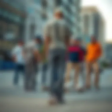 Group of skaters gathered in an urban environment, all wearing rep pants