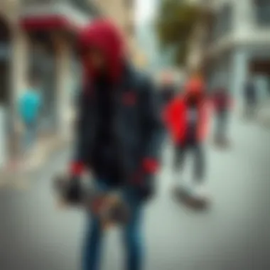 Urban skate scene featuring diverse skateboarders in black and red jackets