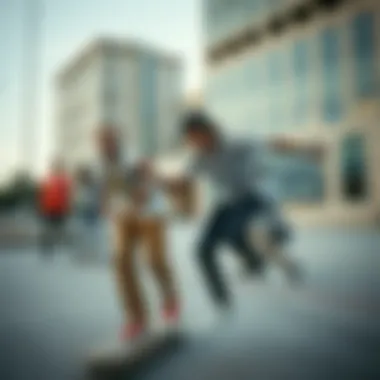 An urban skateboarding scene where individuals sport trendy skate shirts