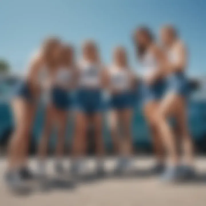 A group of skaters styling Vans blue shorts on a sunny day