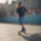 Vans blue shorts showcased in an urban skate park setting