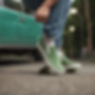 Skateboarding scene featuring Vans Green Suede Slip-On