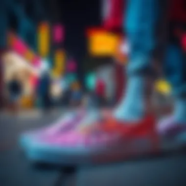 A vibrant street scene featuring various styles of Vans iridescent checkerboard products