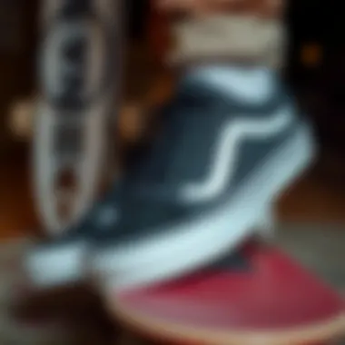 Classic Black and White Elegance Close-up of classic black and white Vans Old Skool shoes on a skateboard