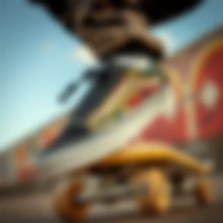 Vans Old Skool Camo in Action Vans Old Skool Camo Shoes styled with skateboarding gear on a skateboard.