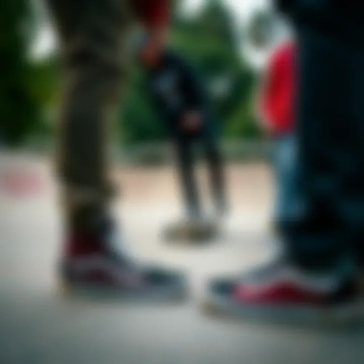 Group of skaters wearing Vans SK-8 Hi Pro shoes in a skatepark