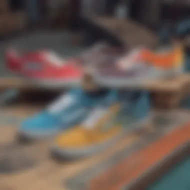 A vibrant display of different Vans Sketch Shoe styles on a skate park backdrop