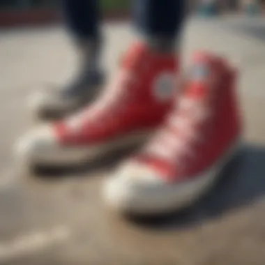 A close-up of worn Converse All-Star sneakers in a skate park