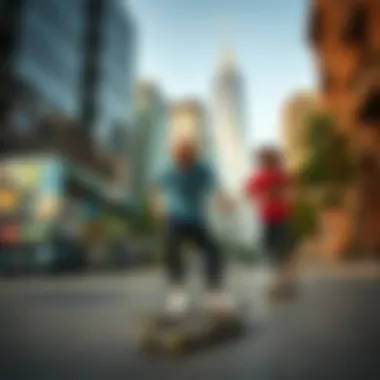 Skaters enjoying a vibrant urban landscape with Zenit skateboards